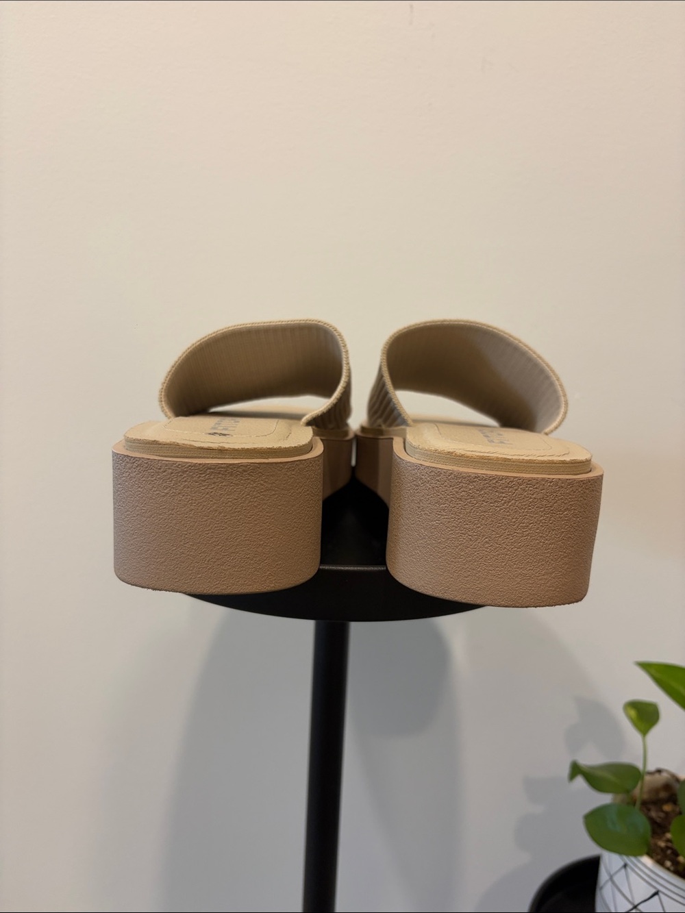 Beige Ribbed Stretch Platform Slide Sandals - Picture 5 of 7